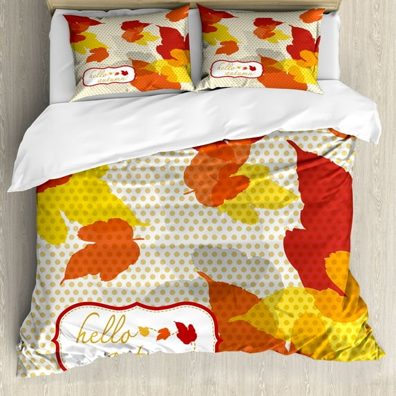 Ambesonne Hello Fall Duvet Cover Sets, Autumn Leaves and Sign, 2-King, Cinnamon Mustard White
