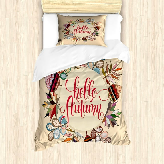 Ambesonne Hello Fall Duvet Cover Sets, Colorful Autumn Wreath, 2-Twin, Pale Peach Multicolor