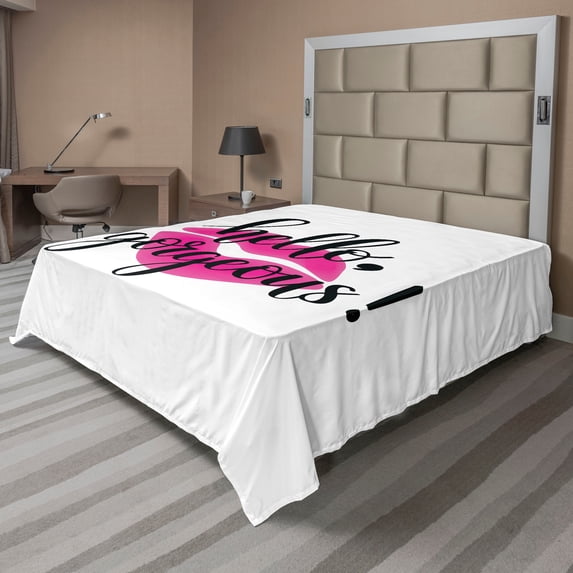 Ambesonne Hello Gorgeous Flat Sheet, Pink Lipstick, Full Size, White Black Pink