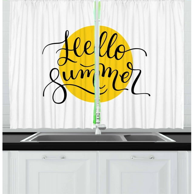 Ambesonne Hello Summer Kitchen Curtains, Letters on Yellow, 55"x39", Mustard Black