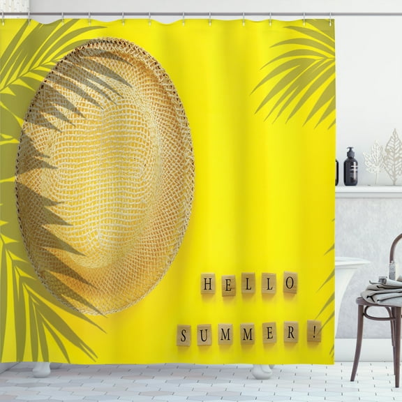 Ambesonne Hello Sunshine Shower Curtain, Straw Hat Palm Trees, 69"Wx70"L, Yellow Pastel Brown