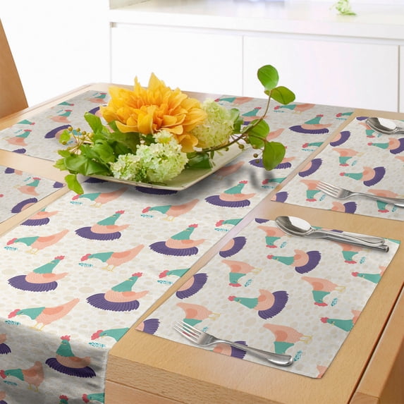 Ambesonne Hen Table Runner & Placemats, Nibbling and Sitting Animals, Placemat 4 pcs + Runner 12"x72", Quartz Peach