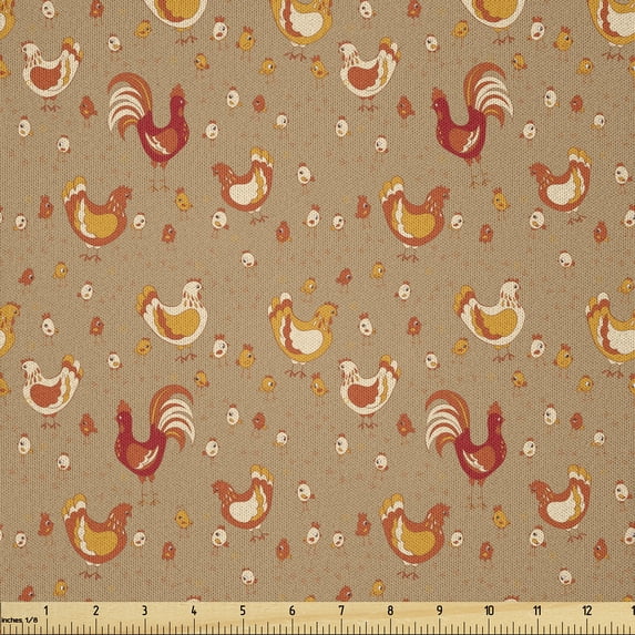 Ambesonne Hen and Chicks Fabric by the Yard Microfiber, Farm Family Animals, 1 Yard, Camel Vermilion