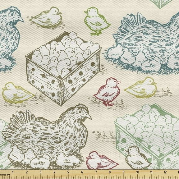 Ambesonne Hen and Chicks Fabric by the Yard Upholstery, Animal Mother, 1 Yard, Eggshell Multicolor