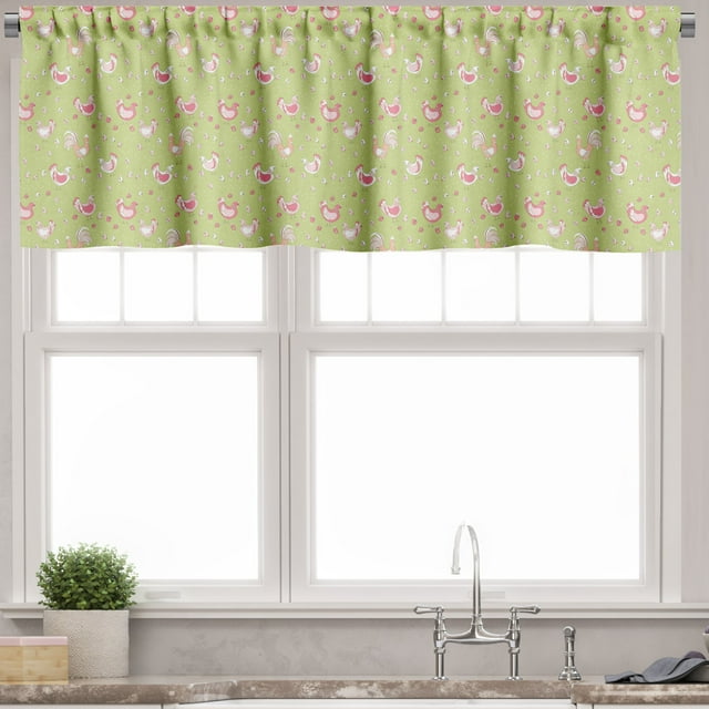 Ambesonne Hen and Chicks Valance Pack of 2, Chicken and Rooster, 54"X12", Green Pink