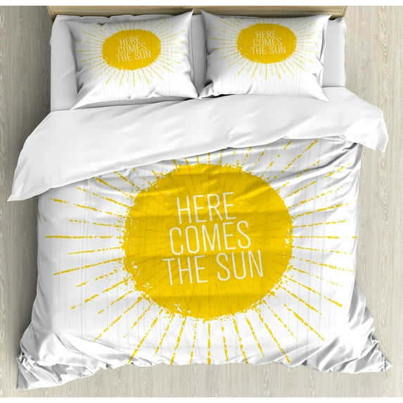 Ambesonne Here Comes the Sun Duvet Cover Sets, Sunny Times Art, 2-Queen, Earth Yellow White