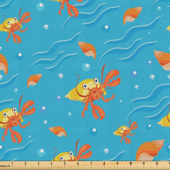 Ambesonne Hermit Crab Fabric by the Yard Upholstery, Sea Animals Seashells, 1 Yard, Deep Sky Blue Amber