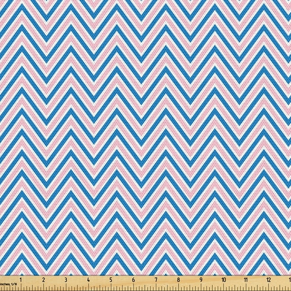 Ambesonne Herringbone Fabric by the Yard Upholstery, Zigzag Pattern Vintage, 1 Yard, Soft Pink Sea Blue and White