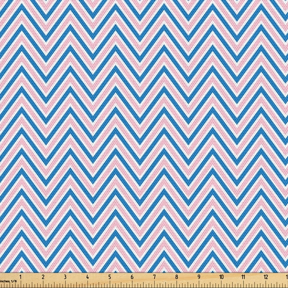 Ambesonne Herringbone Fabric by the Yard Upholstery, Zigzag Pattern Vintage, 2 Yards, Soft Pink Sea Blue and White