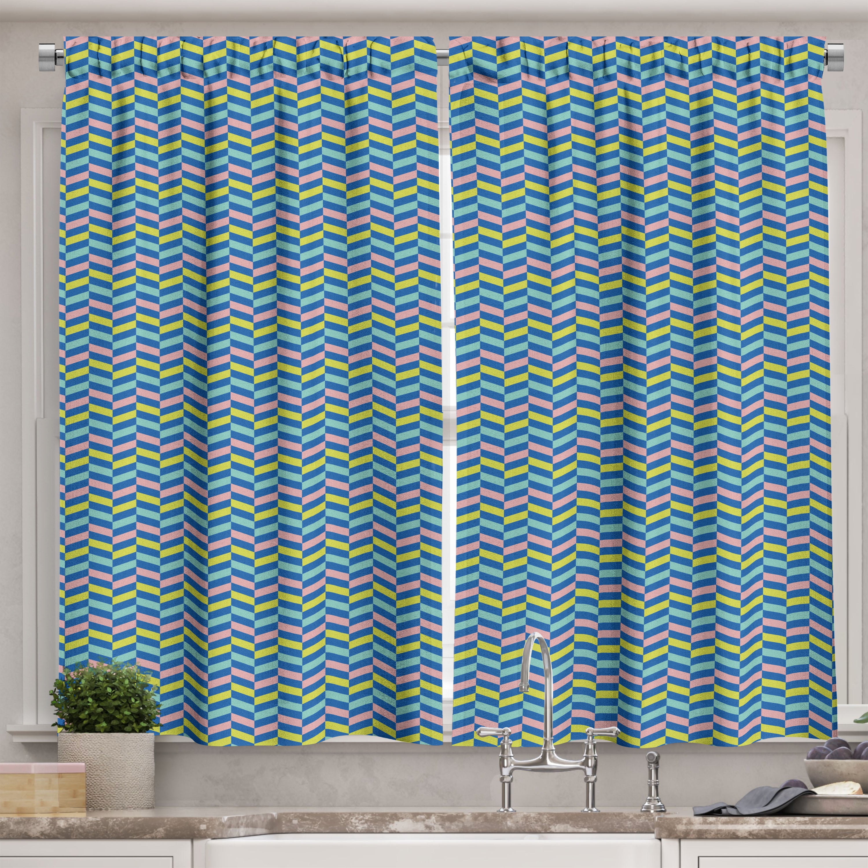 Multicolor Geometric Pattern Light-Filtering Kitchen Tier Curtains