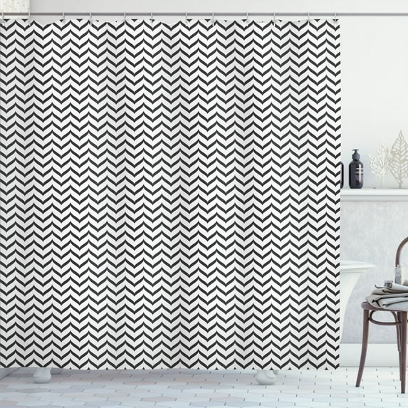 Ambesonne Herringbone Shower Curtain, Zigzag Wavy Lines Art, 69"Wx84"L, Off White Charcoal Grey