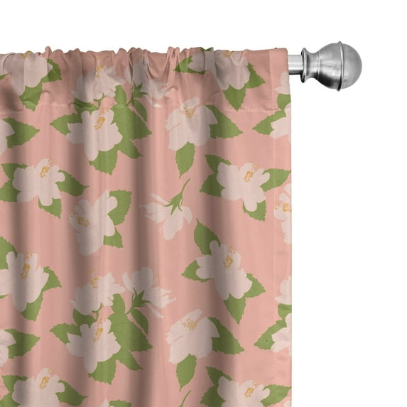 Ambesonne Hibiscus Window Curtains, Pink Flowers Leaves Art, Each 28" W x 95" L, Pale Olive Green Khaki