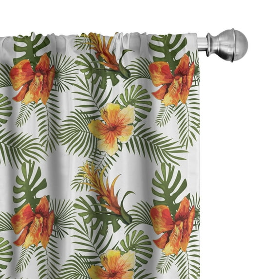 Ambesonne Hibiscus Window Curtains, Simple Floral Palm Leaves, Each 28" W x 63" L, Olive Green Orange