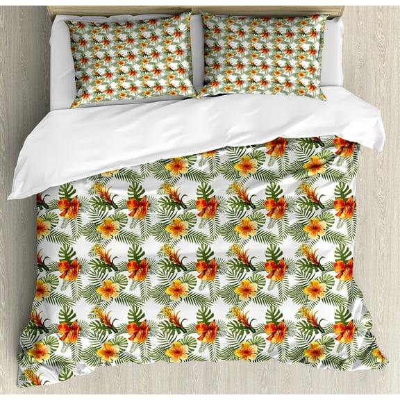 Ambesonne Hibiscus Duvet Cover Set, Simple Floral Palm Leaves, Queen, Olive Green Orange