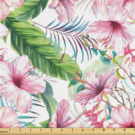 Ambesonne Hibiscus Fabric by the Yard Upholstery, Exotics Feel Flowers Boho, 10 Yards, Fern Green Pastel Pink