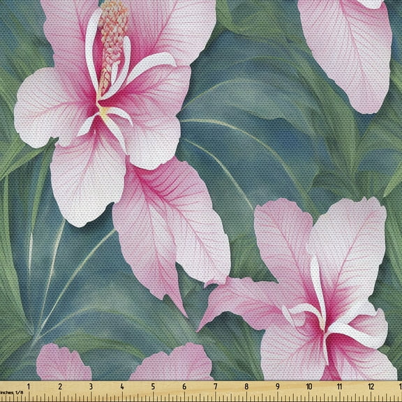 Ambesonne Hibiscus Fabric by the Yard Upholstery, Jungle Leaves Flowers Hues, 2 Yards, Pale Pink Forest Green
