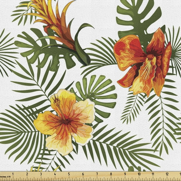 Ambesonne Hibiscus Fabric by the Yard Upholstery, Simple Floral Palm Leaves, 3 Yards, Olive Green Orange