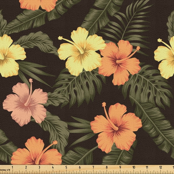 Ambesonne Hibiscus Fabric by the Yard Upholstery, Vintage Jungle Foliage Art, 5 Yards, Dark Brown Multicolor