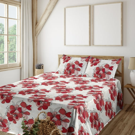 Ambesonne Hibiscus Fitted & Flat Sheet with Shams 4 Pcs Set, Tropical Jungle Flower Art, Queen, Dark Pink Pale Pink