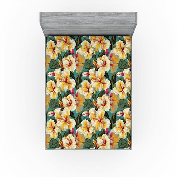 Ambesonne Hibiscus Fitted Sheet, Exotic Garden Dreamy Bloom, California King, Apricot Dark Pink Teal