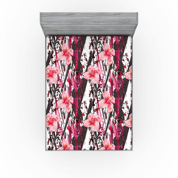 Ambesonne Hibiscus Fitted Sheet, Floral Pattern Forest Art, Full Size, Pale Pink Hot Pink White
