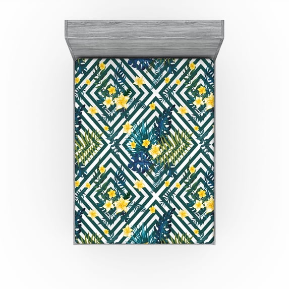 Ambesonne Hibiscus Fitted Sheet, Geometric Flowers Exotics, Full Size, Mustard Teal Fern Green