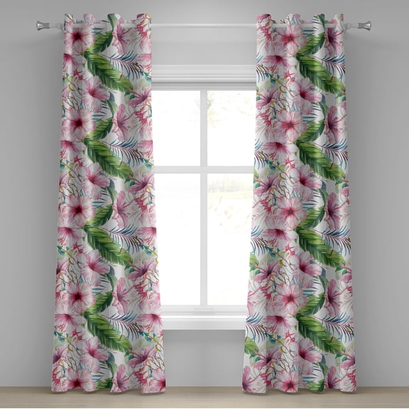 Ambesonne Hibiscus Grommet Curtain, Exotics Feel Flowers Boho, 50"x84", Fern Green Pastel Pink