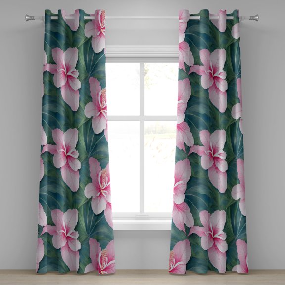 Ambesonne Hibiscus Grommet Curtain, Jungle Leaves Flowers Hues, 50"x108", Pale Pink Forest Green