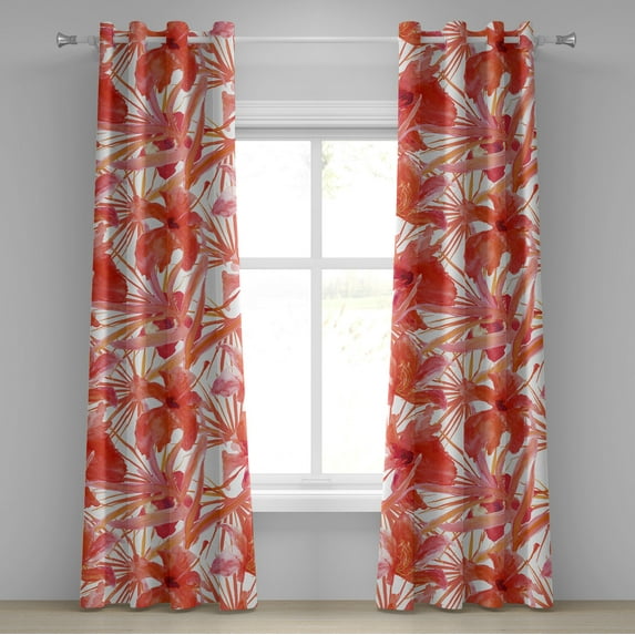Ambesonne Hibiscus Grommet Curtain, Watercolor Floral Print, 50"x84", Dark Coral Coral White