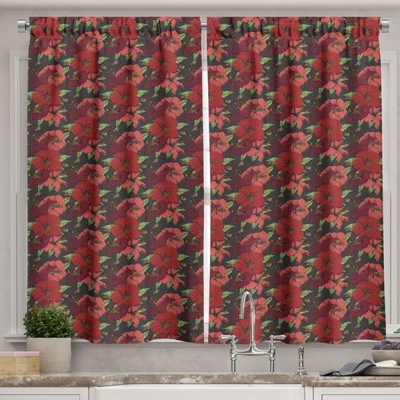 Ambesonne Hibiscus Kitchen Curtains, Abstract Retro Garden Art, 55"x24", Dimgray Coral Vermilion