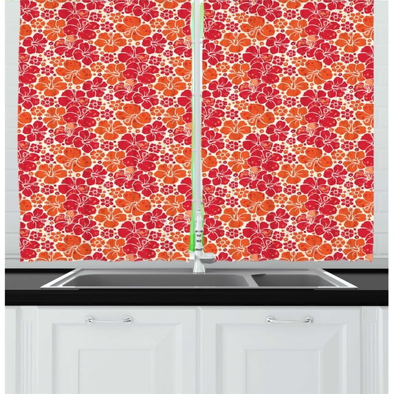 Ambesonne Hibiscus Kitchen Curtains, Grunge Petal Silhouettes, 55"x45", Vermilion Orange Ivory