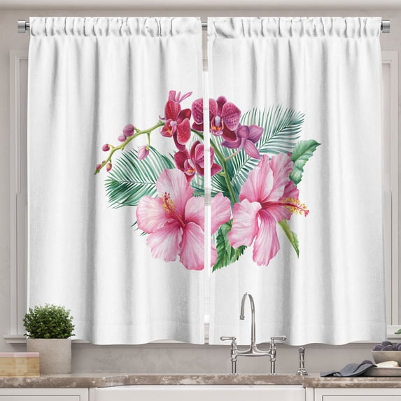 Ambesonne Hibiscus Kitchen Curtains, Romantic Aloha Bouquet, 55"x30", Jade Green Pink