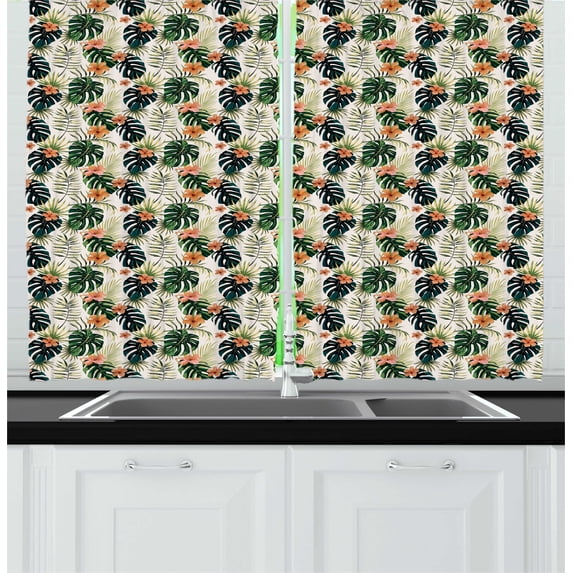Ambesonne Hibiscus Kitchen Curtains, Tropical Flowers Monstera, 55"x45", Multicolor