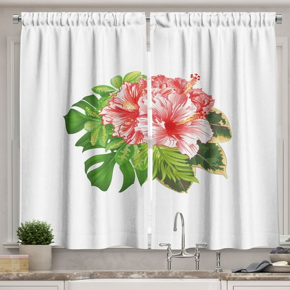 Ambesonne Hibiscus Kitchen Curtains, Tropical Hawaiian Floral, 55"x24", Coral Fern Green