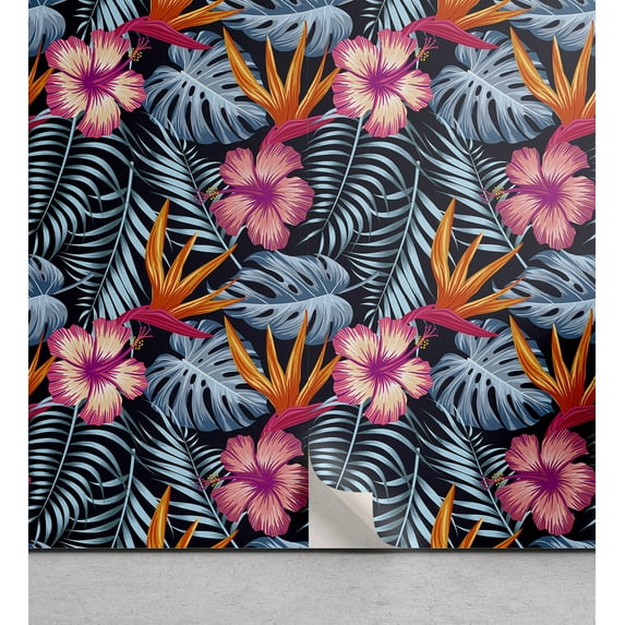 Ambesonne Hibiscus Peel & Stick Wallpaper for Home, Classic Aloha Leafy Floral, 13"x72", Purple Blue Grey and Amber