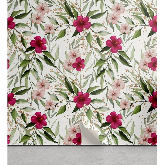 Ambesonne Hibiscus Peel & Stick Wallpaper for Home, Dreamy Art Exotic Flowers, 13"x100", Magenta Fern Green White