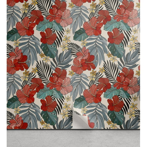 Ambesonne Hibiscus Peel & Stick Wallpaper for Home, Jungle Hawaiian Floral Art, 13"x72", Coral Teal and Blue Grey