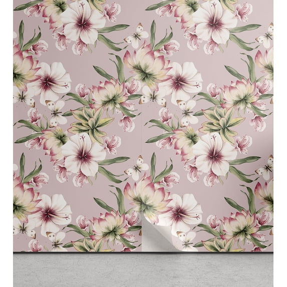 Ambesonne Hibiscus Peel & Stick Wallpaper for Home, Spring Butterfly Floral, 13"x100", Blush Reseda Green