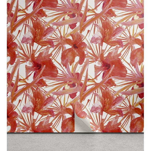 Ambesonne Hibiscus Peel & Stick Wallpaper for Home, Watercolor Floral Print, 13"x100", Dark Coral Coral White