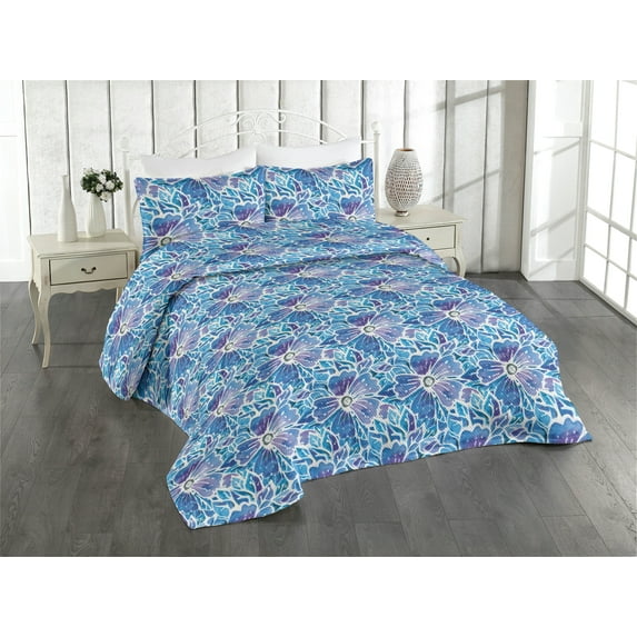 Ambesonne Hibiscus Quilted Bedspread Set 3 Pcs, Simple Exotic Pattern Art, Twin, Pale Lavender Sea Blue