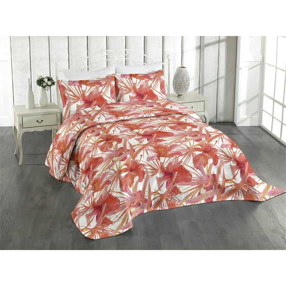 Ambesonne Hibiscus Quilted Coverlet 3 Pcs, Watercolor Floral Print, King Size, Dark Coral Coral White