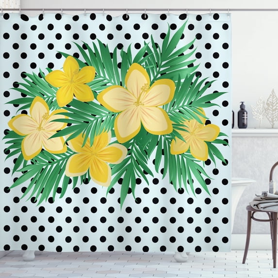 Ambesonne Hibiscus Shower Curtain, Exotic Flower Polka Dots, 69"Wx75"L, Pale Blue Yellow Green