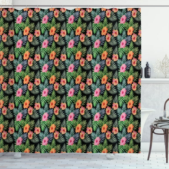 Ambesonne Hibiscus Shower Curtain, Palm Tree and Flowers, 69"Wx75"L, Multicolor