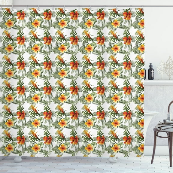 Ambesonne Hibiscus Shower Curtain, Simple Floral Palm Leaves, 69"Wx70"L, Olive Green Orange