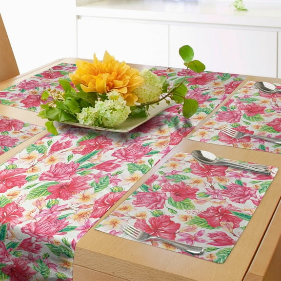 Ambesonne Hibiscus Table Runner & Placemats, Summer Tropical Flowers, Placemat 4 pcs + Runner 12"x72", Pink Jade Green White