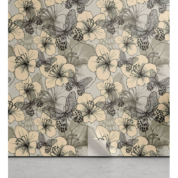 Ambesonne Hibiscus Themed Peel & Stick Wallpaper for Home, Neutral Butterfly, 13"x36", Cream Charcoal Grey