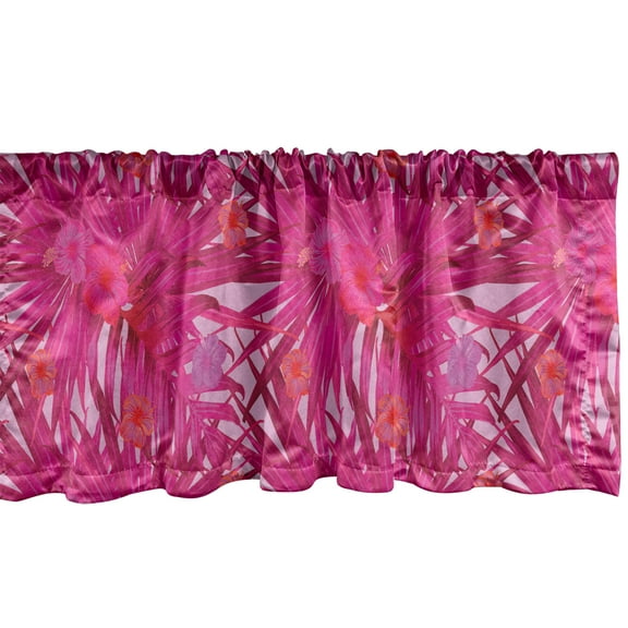 Ambesonne Hibiscus Window Valance, Summer Concept Pattern of Tropical Flowers and Monstera Leaves, Curtain Valance for Kitchen Bedroom Decor with Rod Pocket, 54" X 18", Raspberry Baby Pink