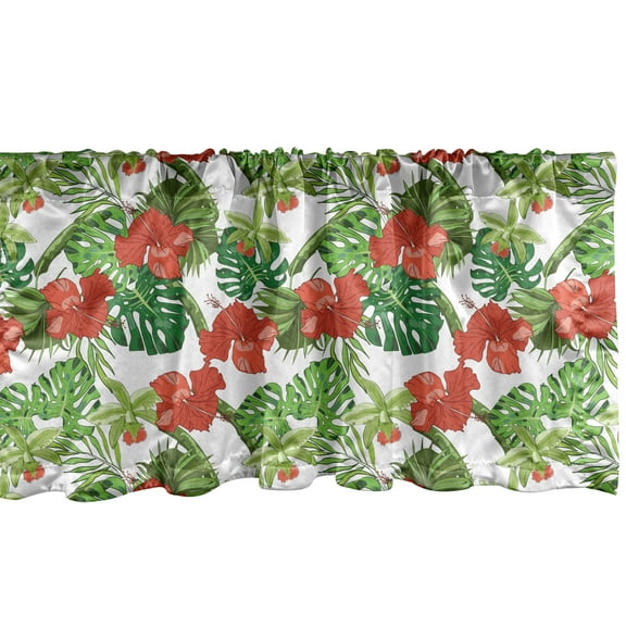Ambesonne Hibiscus Window Valance, Tropical Layout of Endemic Flowers and Botany, Curtain Valance for Kitchen Bedroom Decor with Rod Pocket, 54" X 18", Vermilion Lime Green