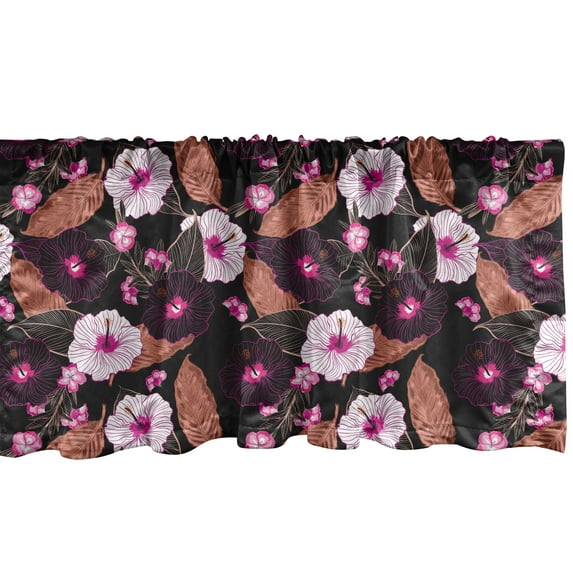 Ambesonne Hibiscus Window Valance, Vintage Exotic Floral Pattern with Tropic Flowers and Leaves on Dark Background, Curtain Valance for Kitchen Bedroom Decor with Rod Pocket, 54" X 18", Multicolor