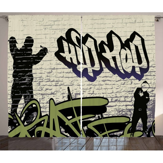 Ambesonne Hip Hop Curtains 2 Panel Set, Grafitti Art on Walls, 108" x 63", Multicolor